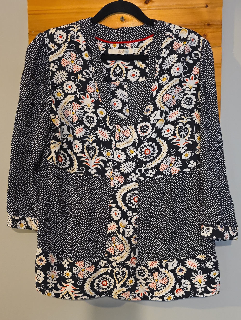 Boden Black Floral Paisley Mixed Print Button Front Tunic Top Women's Size 8